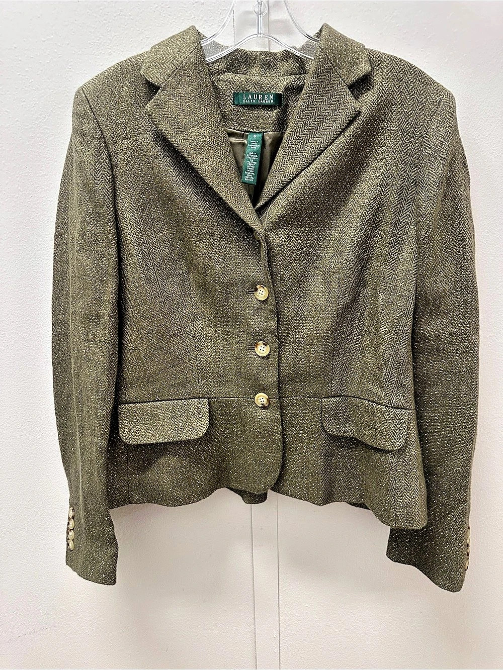 Vintage Ralph Lauren Olive Herringbone Linen/Metallic Blazer Light Academia Sz 6